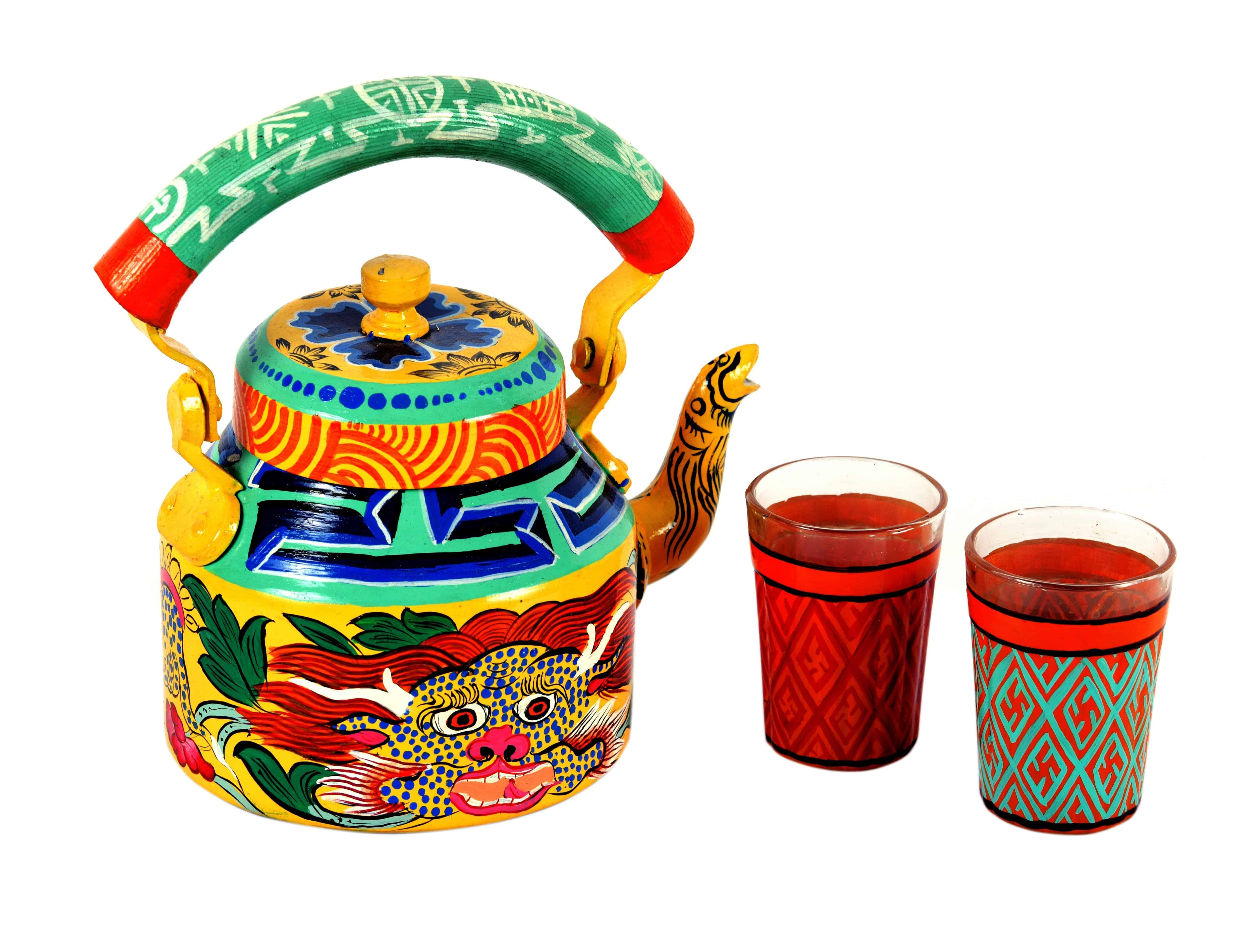 Hand Painted Tea Pot With 2 Steel Tea Cups : The Dragon Tea Set For Two - India shopping