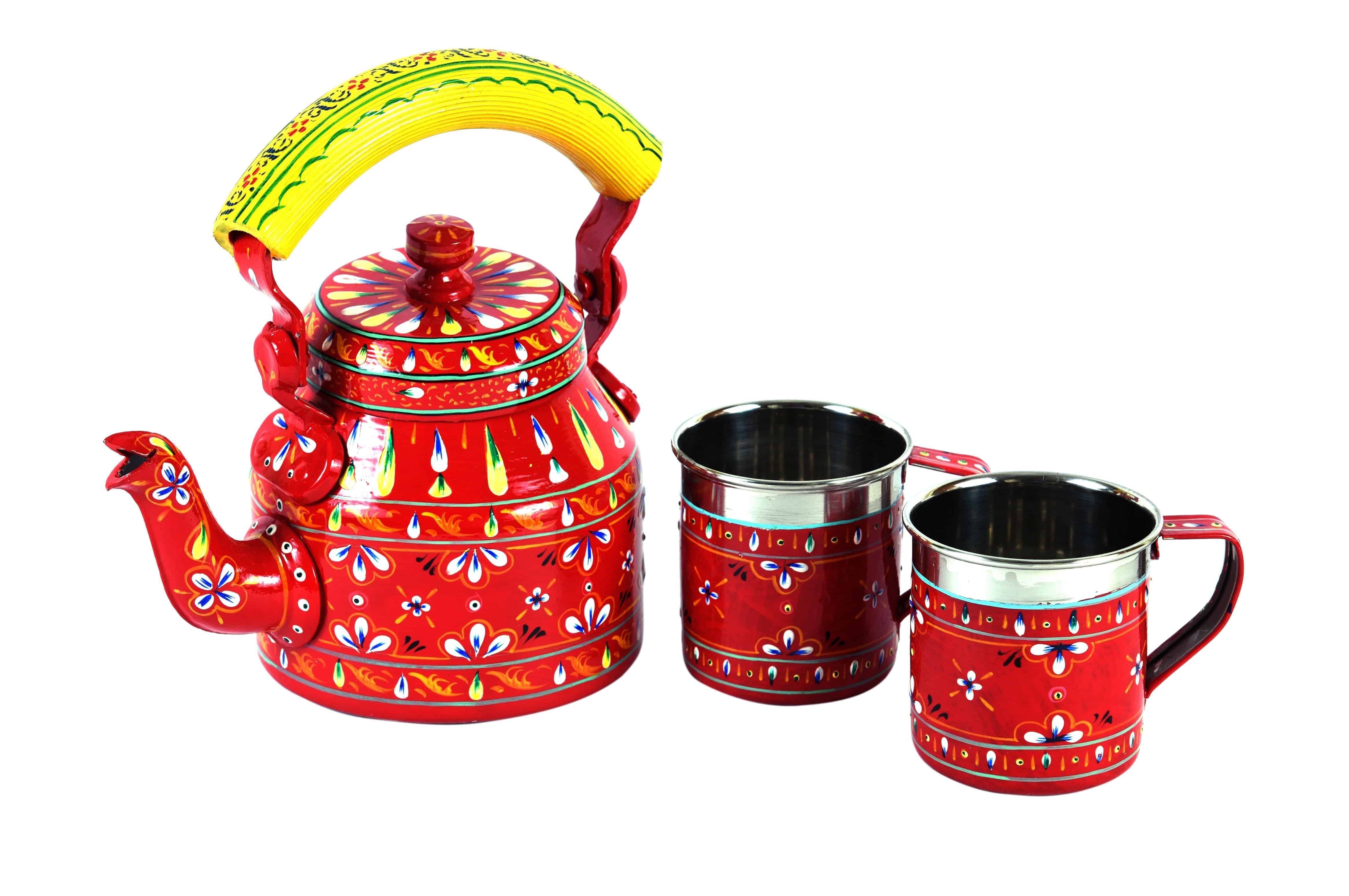 Hand Painted Tea Set for Two People - Orange Delight Tea Set, Kettle & Tea Cup Set - India shopping