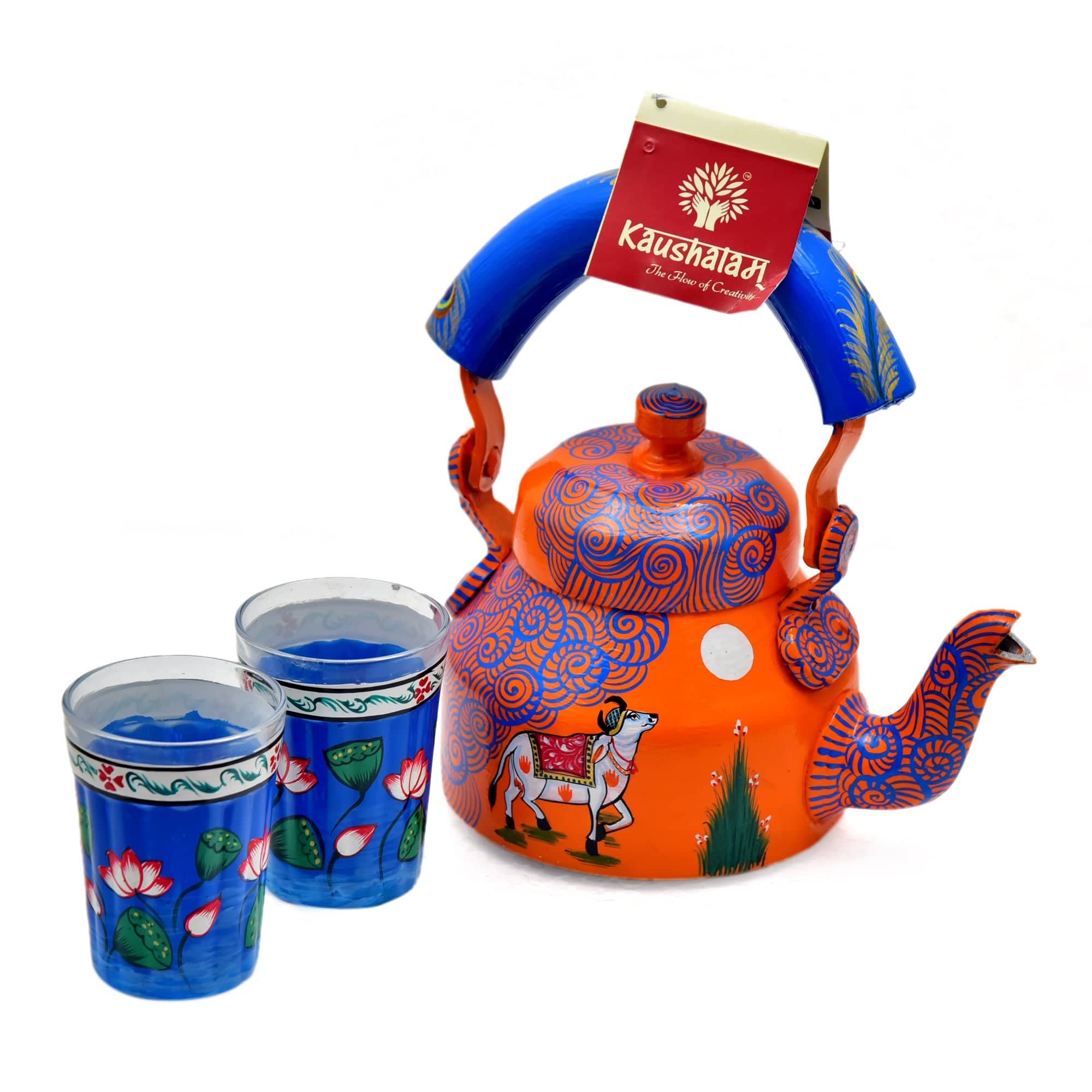 Hand Painted Tea Set : Orange Blue Pichwai Art - India shopping