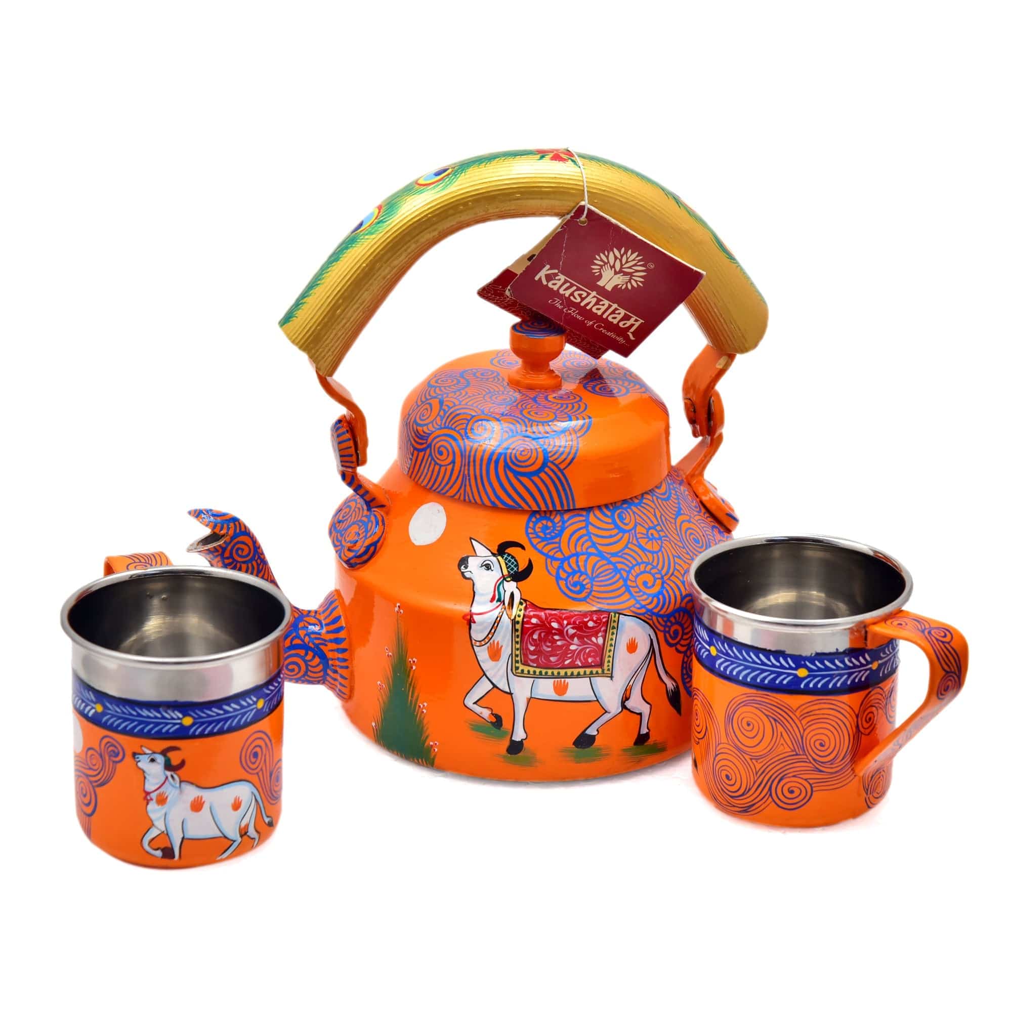 Hand Painted Tea Set : Orange Pichwai Art - India shopping