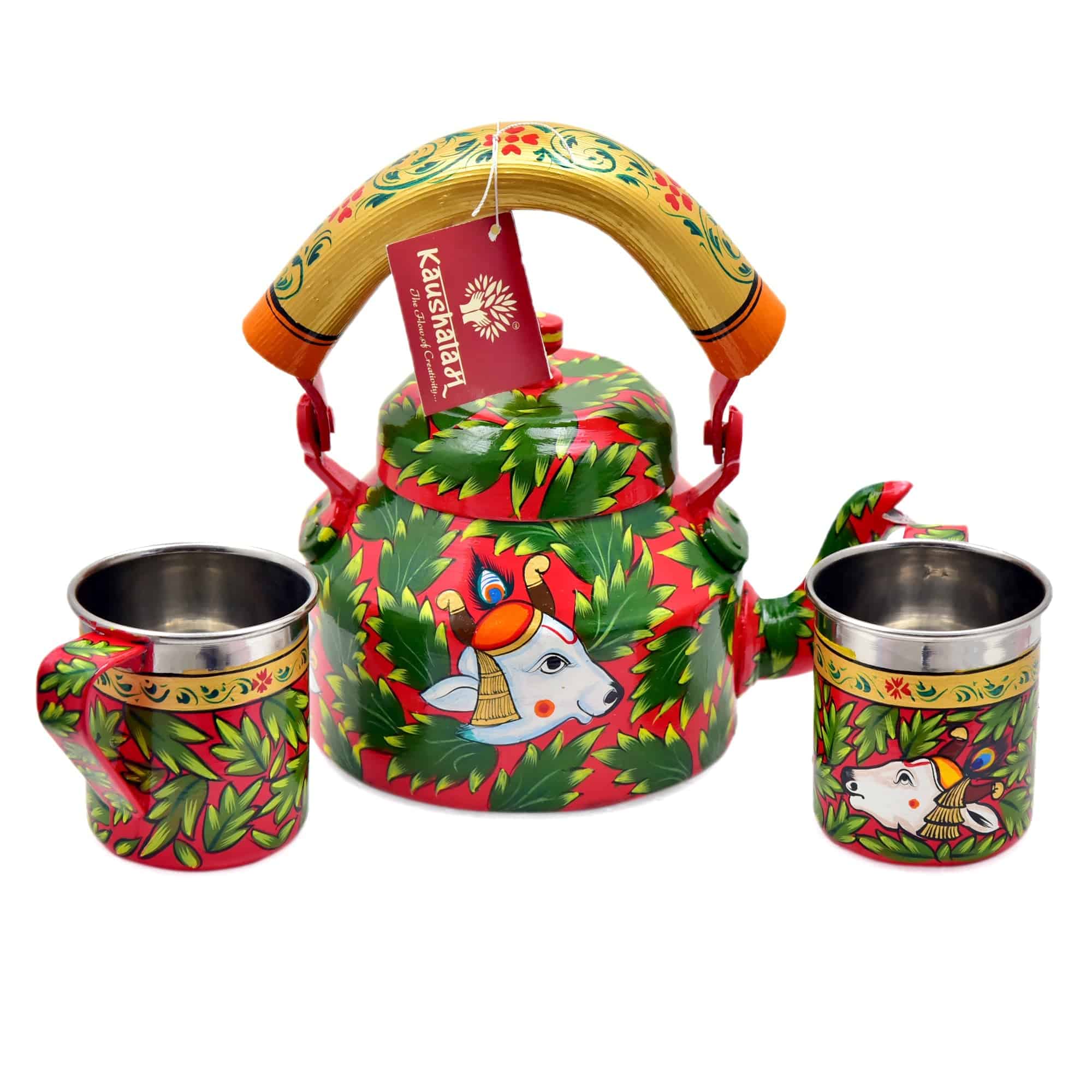 Hand Painted Tea Set : Pichwai Art Green Leaves - India shopping