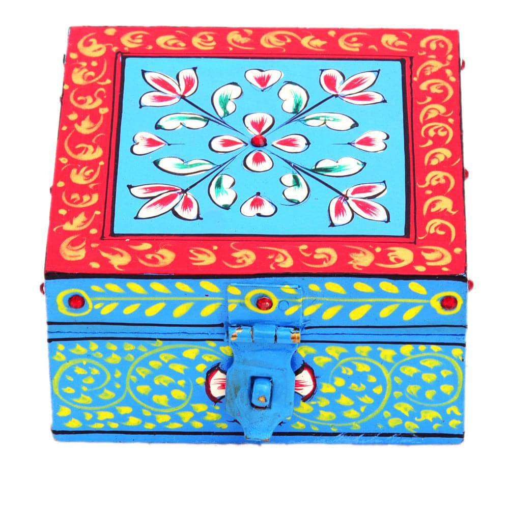 Hand painted Wooden Square Box : Jewelry Box, Sky Blue Coin Box - India shopping