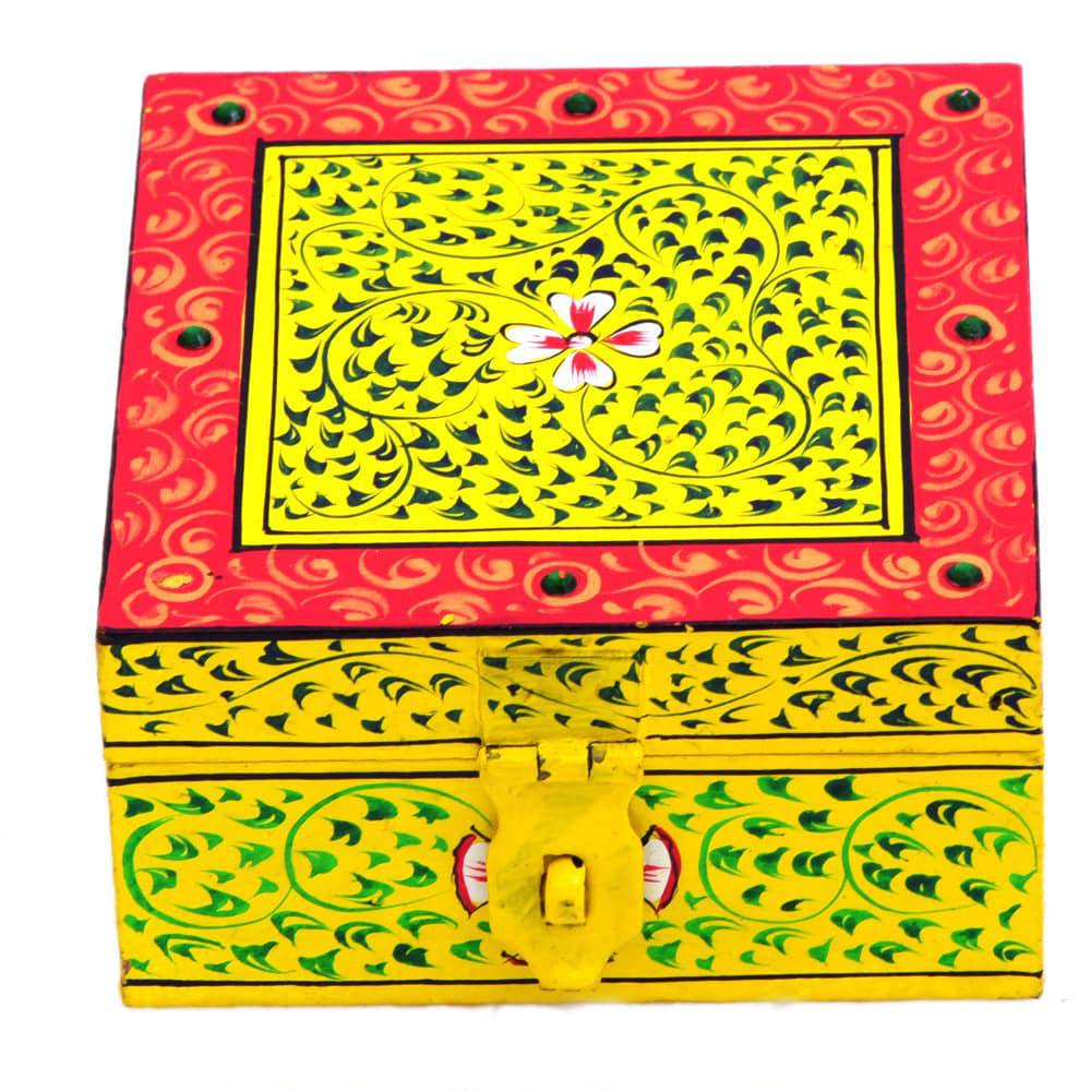 Hand painted Wooden Square Box : Jewelry Box, Yellow Knick-Knack Box - India shopping