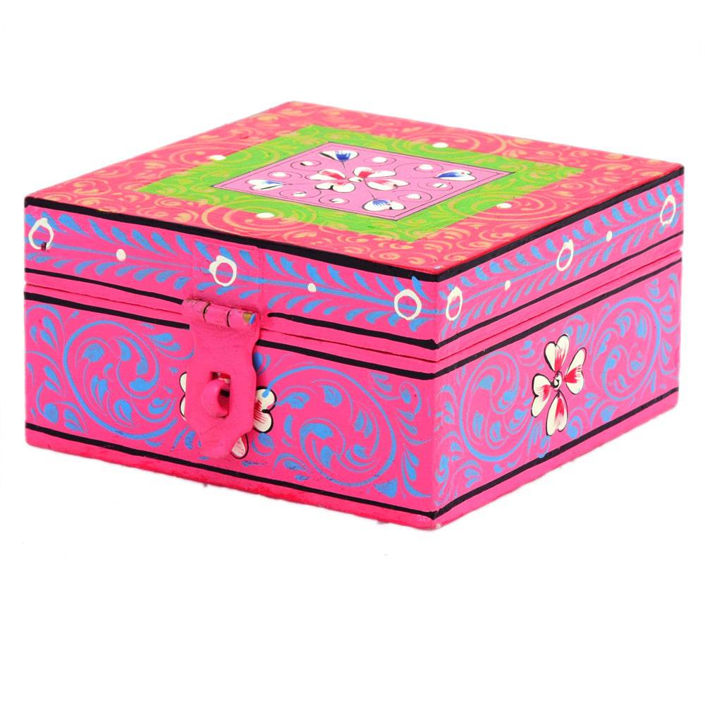 Hand painted Wooden Square box : Pink Jewelry Box - India shopping