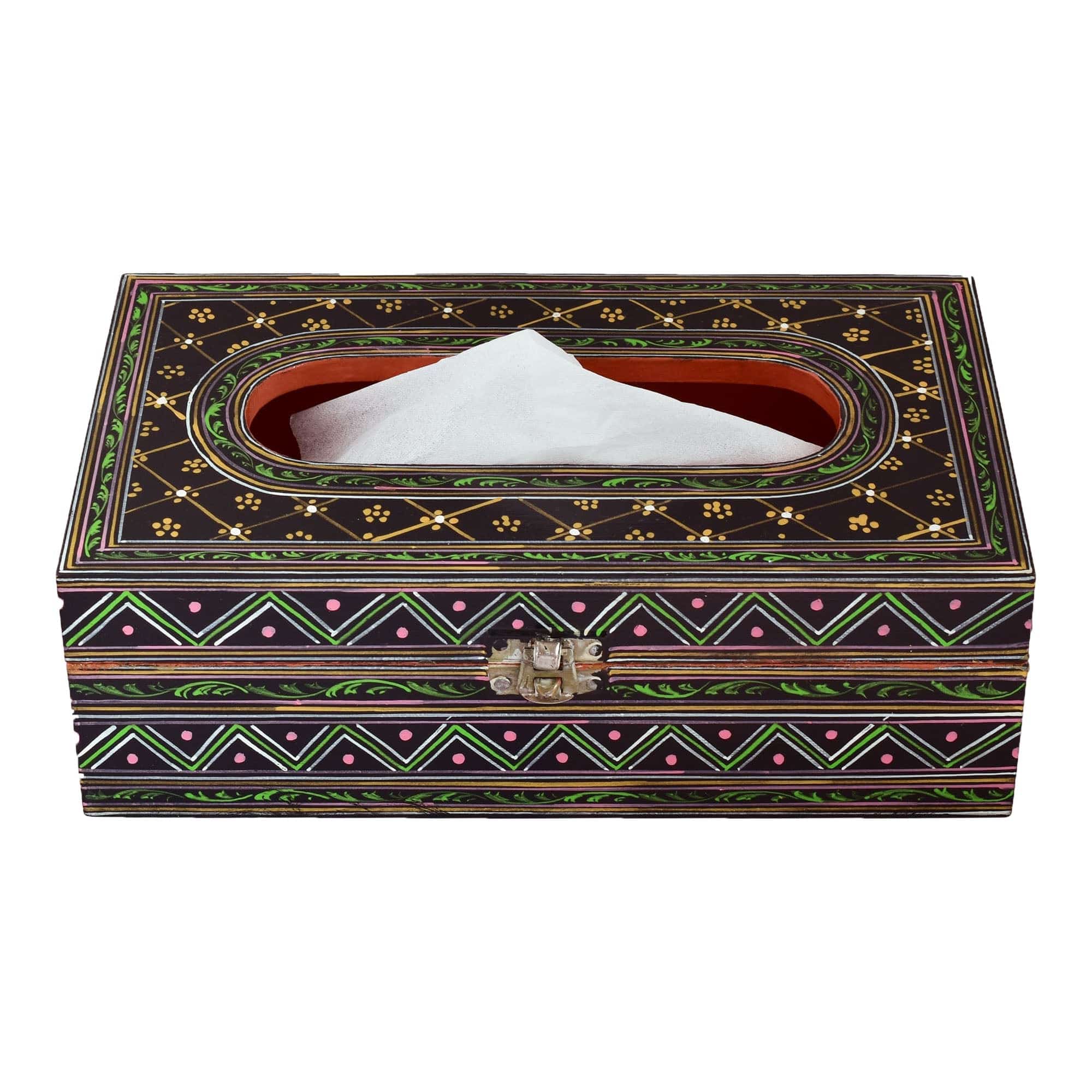Hand Painted Wooden Tissue Box - Black Floral Mughal Art - India shopping