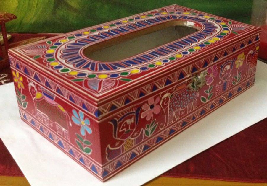 Hand Painted Wooden Tissue Box - Celebration - India shopping