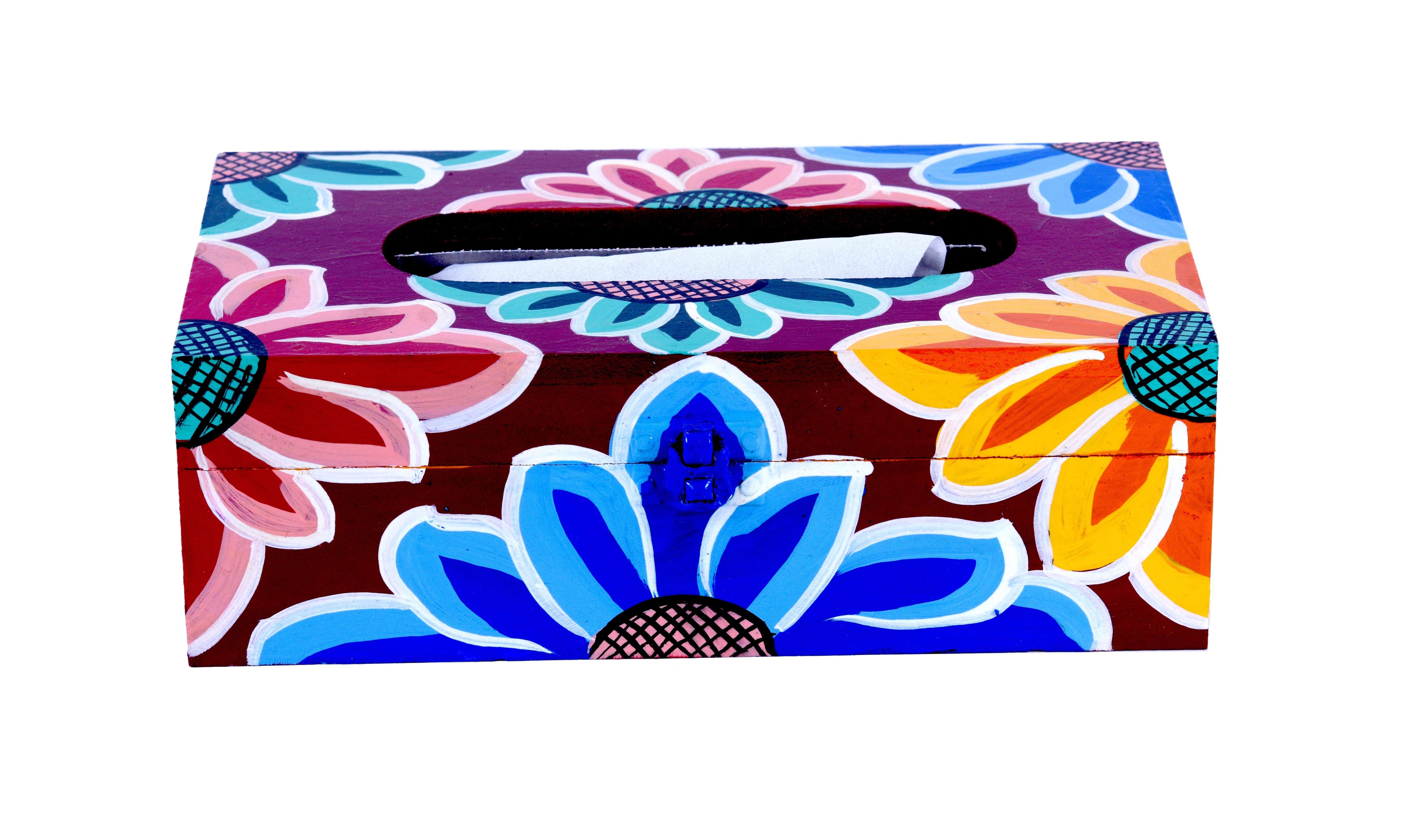 Hand Painted Wooden Tissue Box - Floral Buddhist Mughal Art - India shopping