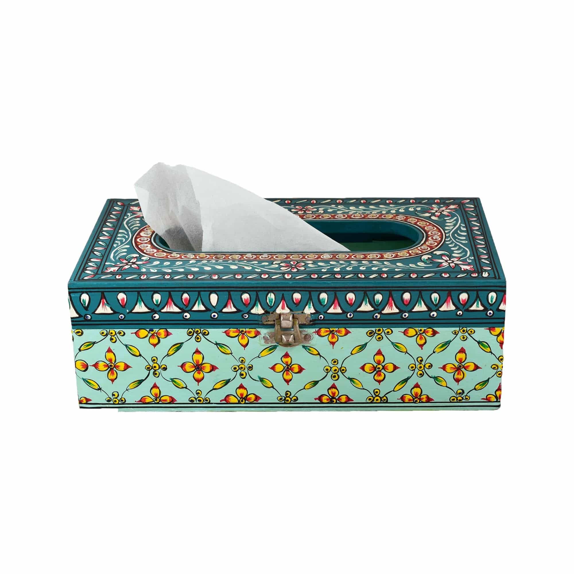 Hand Painted Wooden Tissue Box - Green Embossed Mughal Art - India shopping