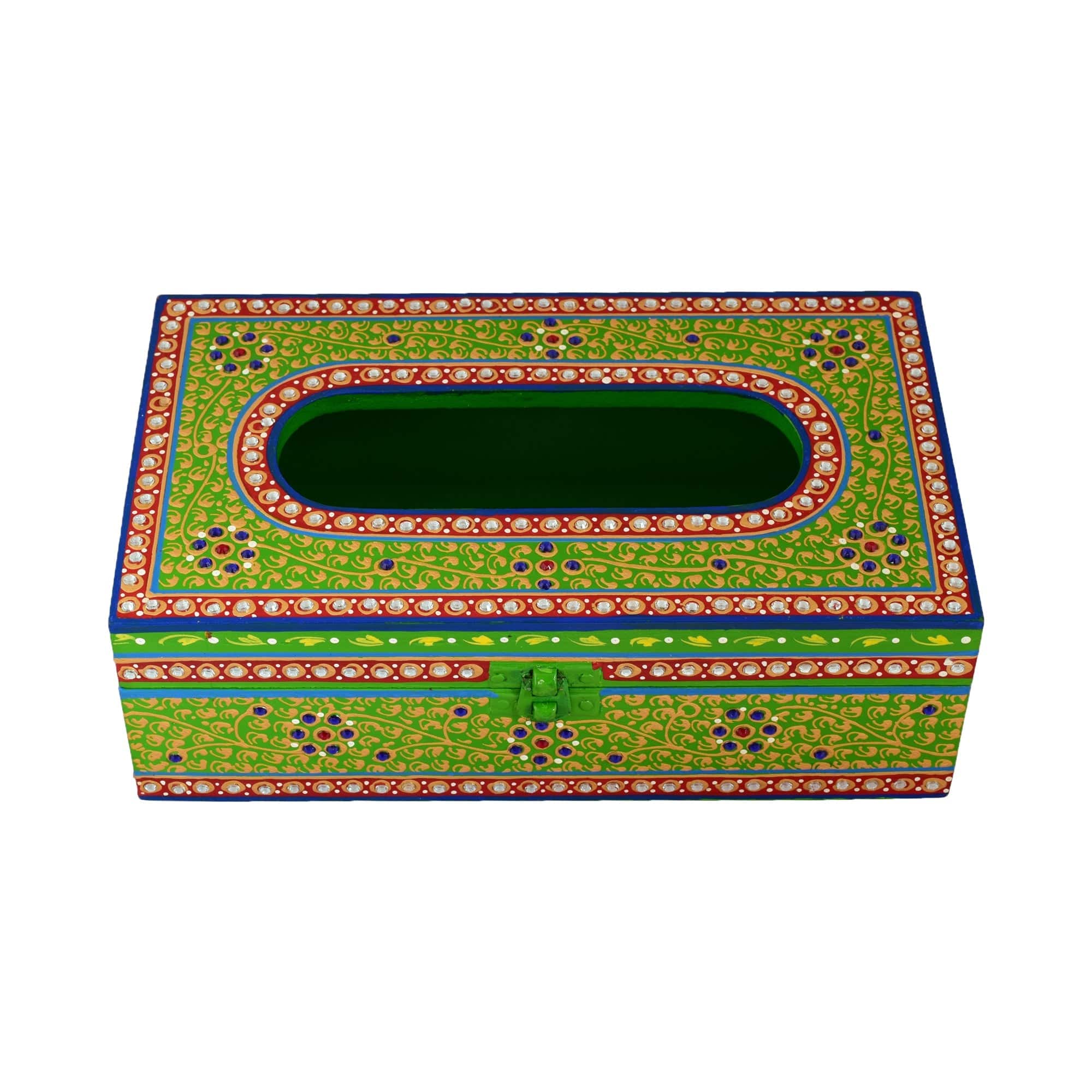 Hand Painted Wooden Tissue Box - Green Mughal Art - India shopping