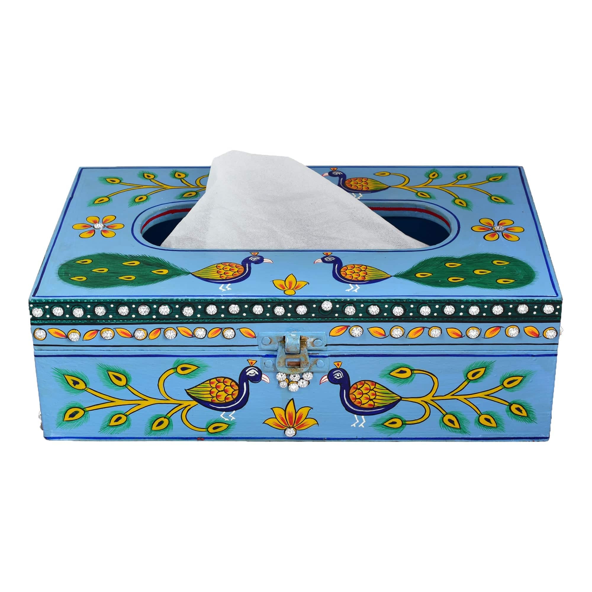 Hand Painted Wooden Tissue Box - Peacock Mughal Art - India shopping
