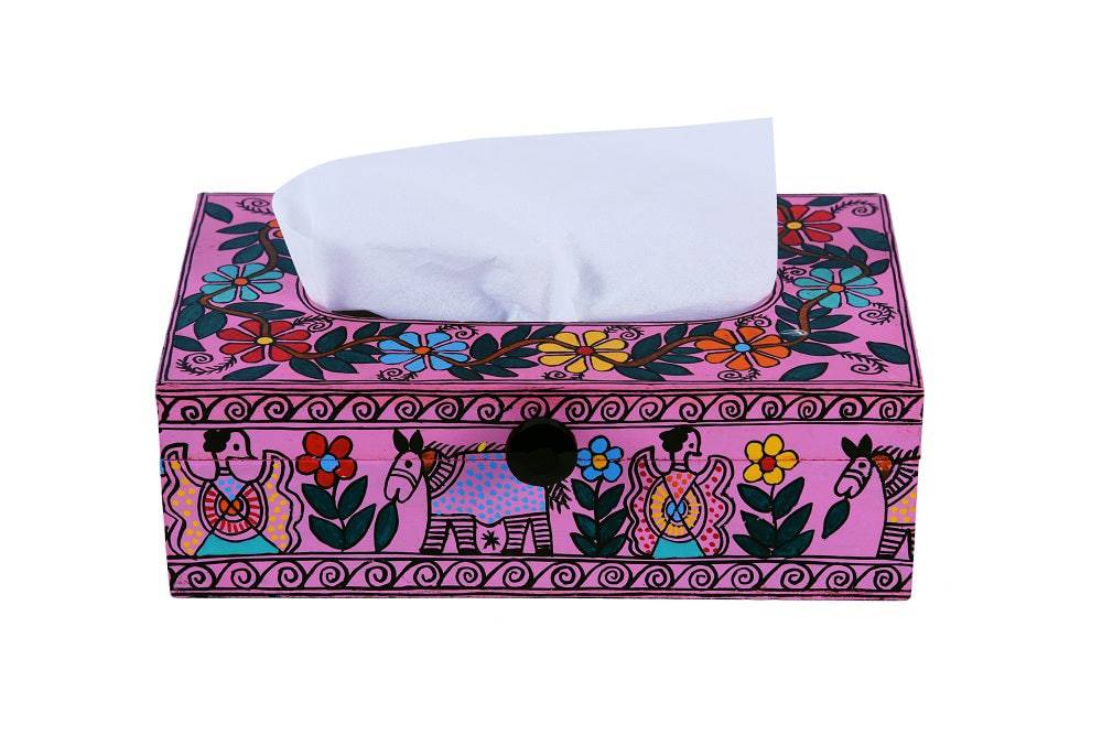 Hand Painted Wooden Tissue Box - Pink Art - India shopping