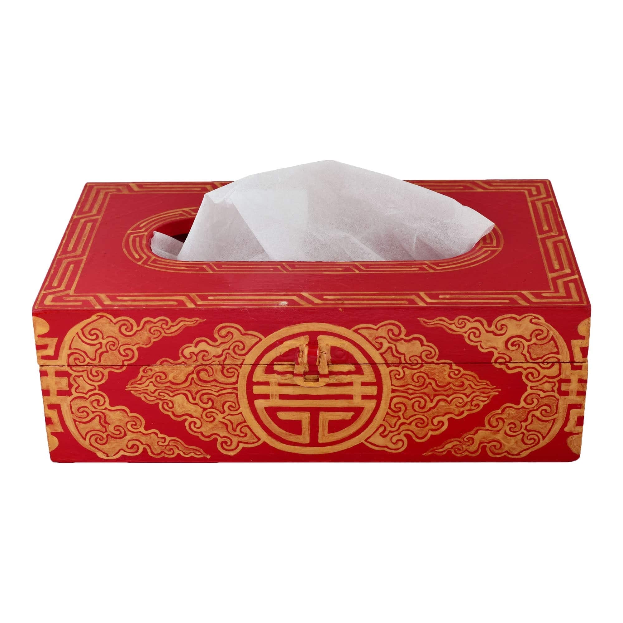Hand Painted Wooden Tissue Box - Red Buddhist Art - India shopping