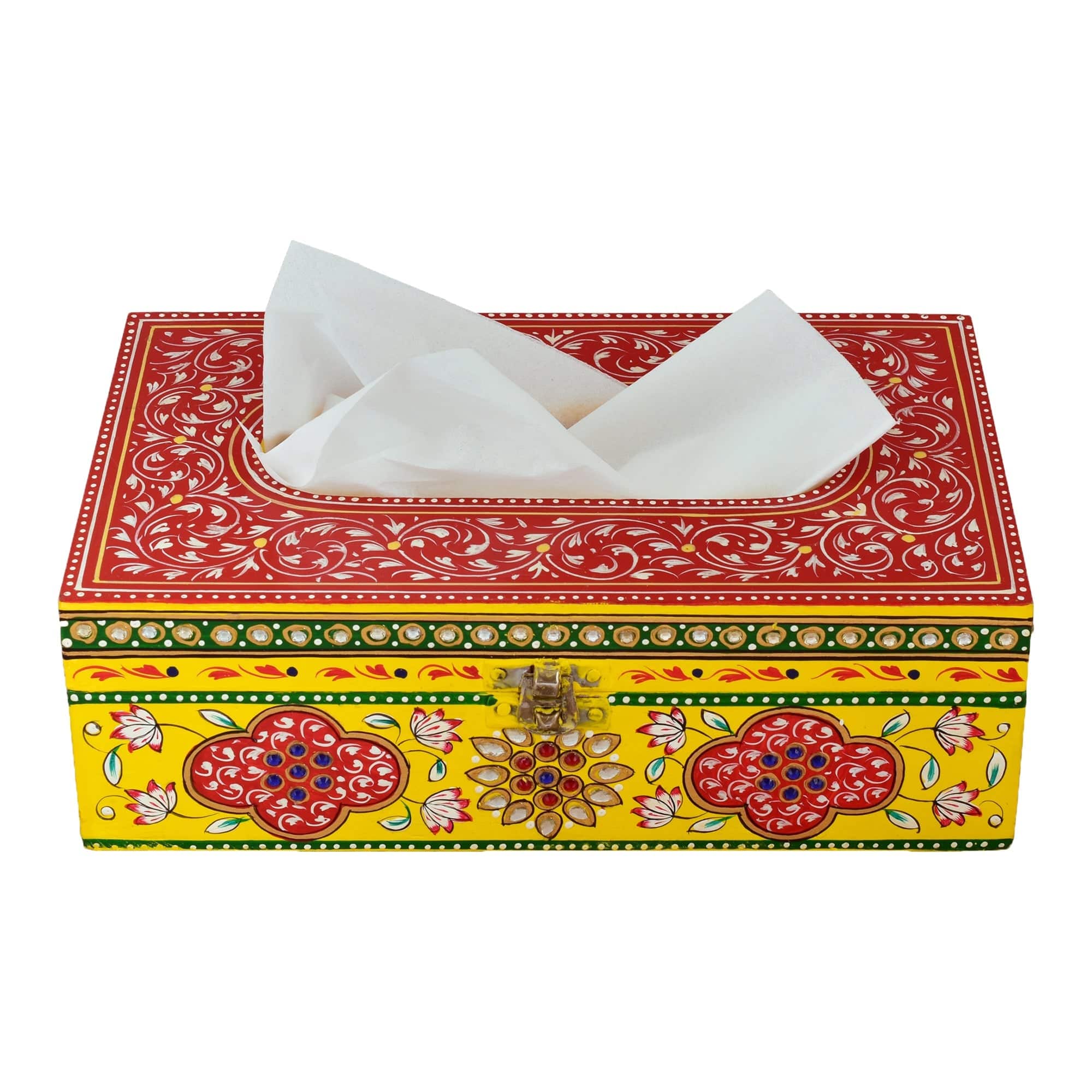 Hand Painted Wooden Tissue Box - Red & Yellow Mughal Art - India shopping
