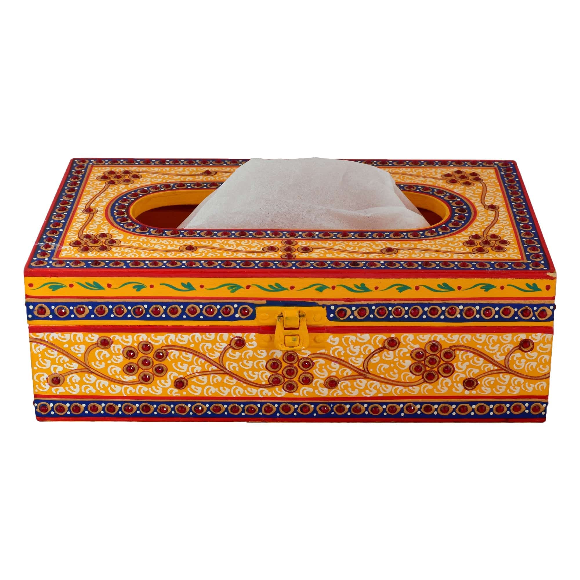 Hand Painted Wooden Tissue Box - Yellow & Red Embossed Mughal Art - India shopping