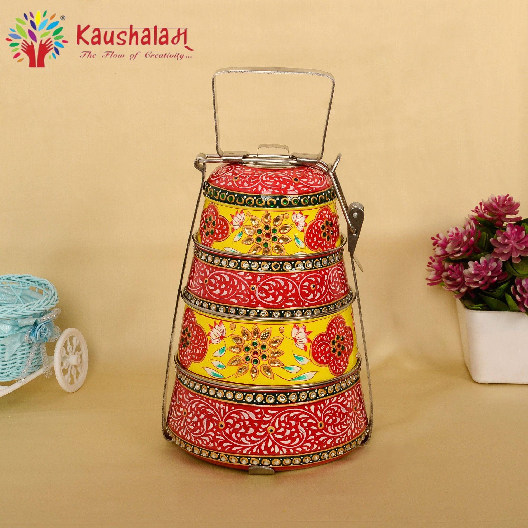 Kaushalam hand painted 4 tier steel pyramid tiffin: Red & Yellow - India shopping