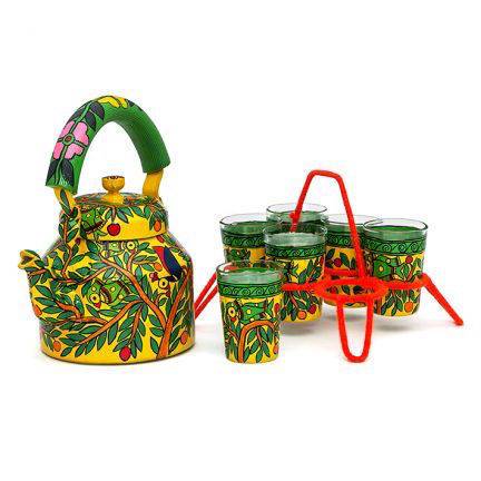 Kaushalam Tea Kettle with six glasses and stand: Parrots on tree - India shopping
