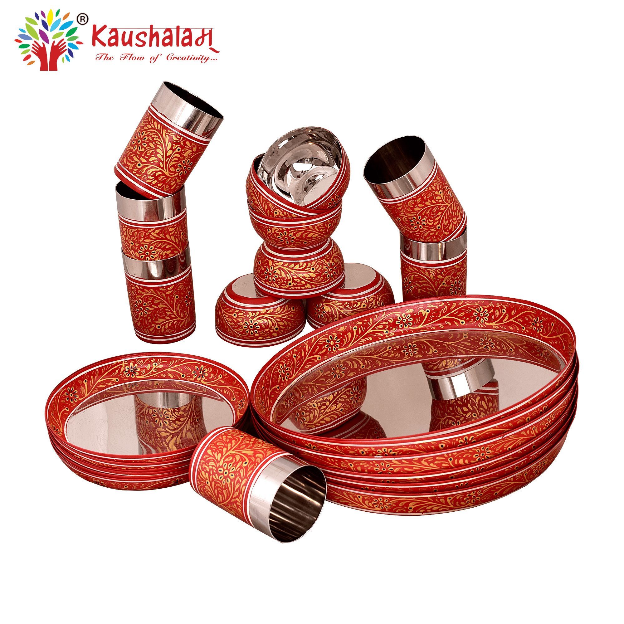 Red Hand Painted Steel Dinner Set 36 Pieces | Dinner Plate, Quarter plate, Bowl, Glass, Spoon- Fork - India shopping