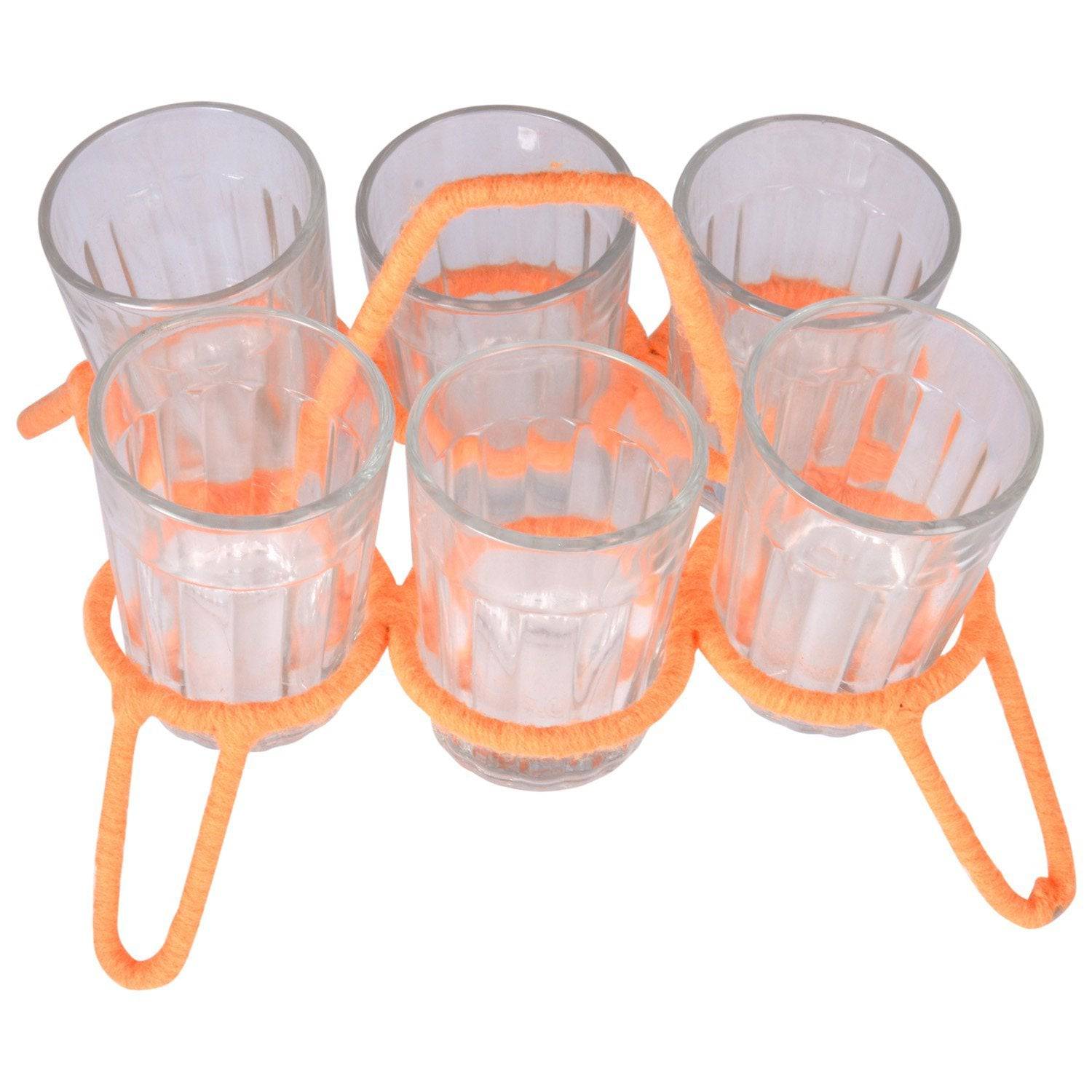 Set of six clear tea glasses with stand (Chikha): Peach Stand - India shopping