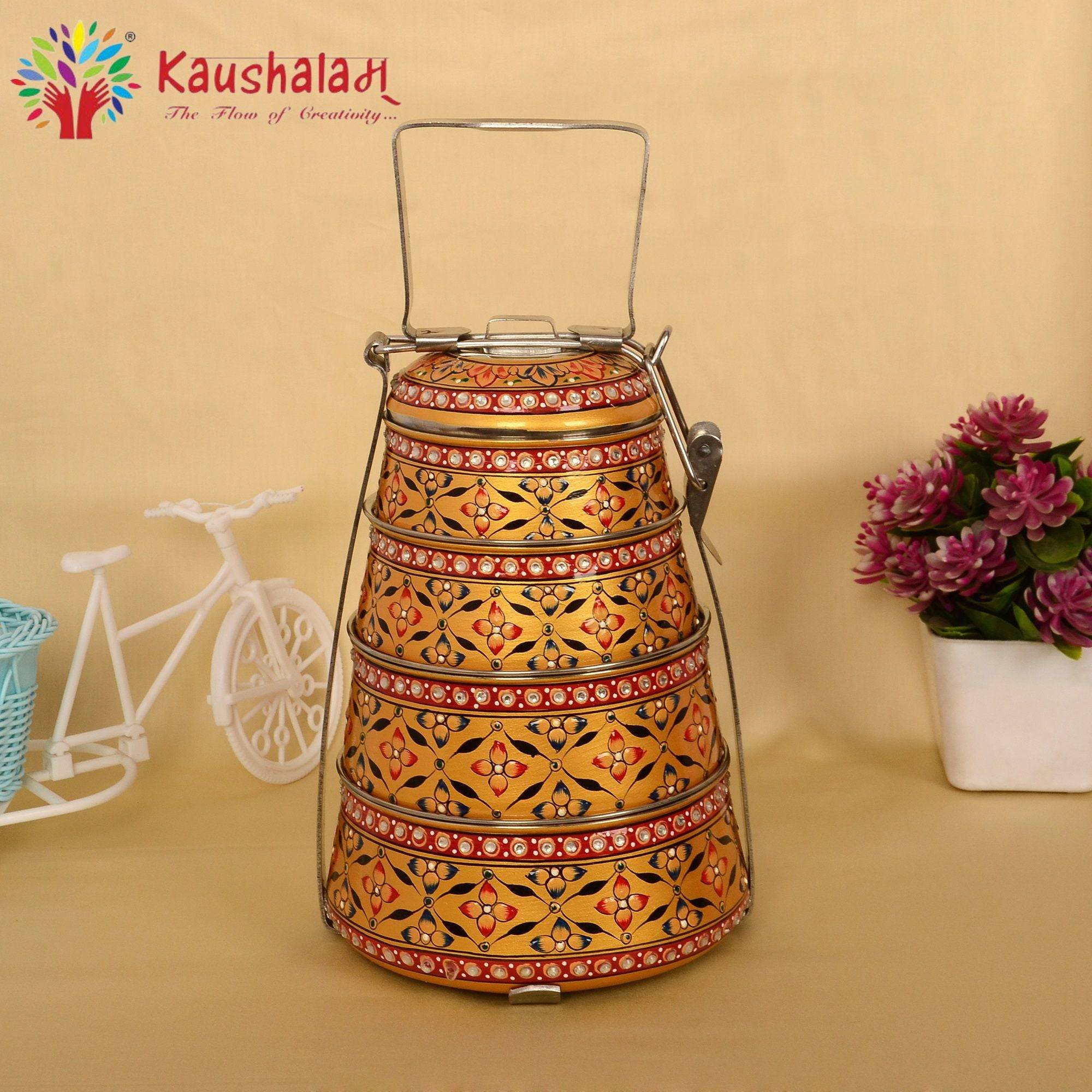 Kaushalam hand painted 4 tier steel pyramid tiffin - India shopping