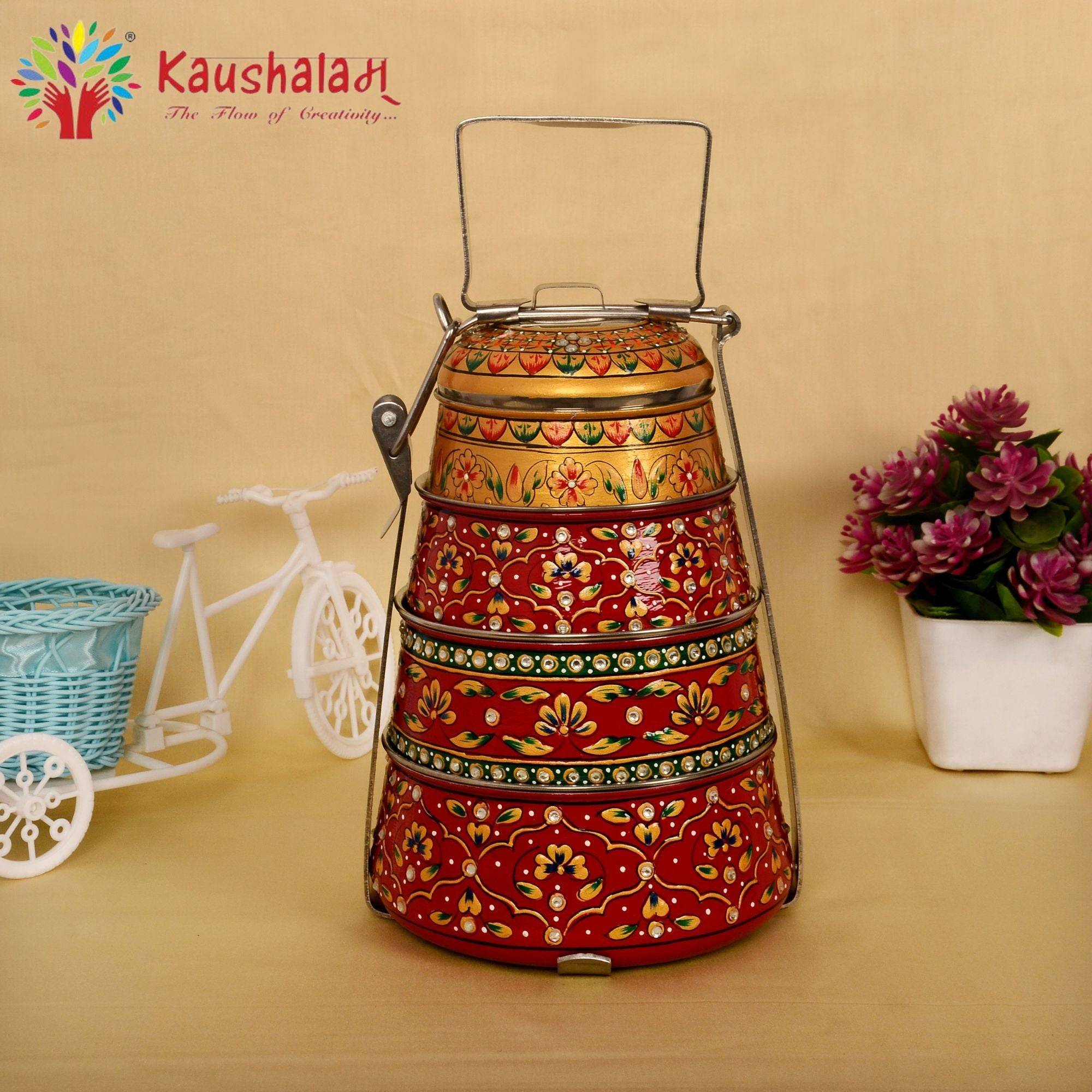 Kaushalam hand painted 4 tier steel pyramid tiffin - India shopping