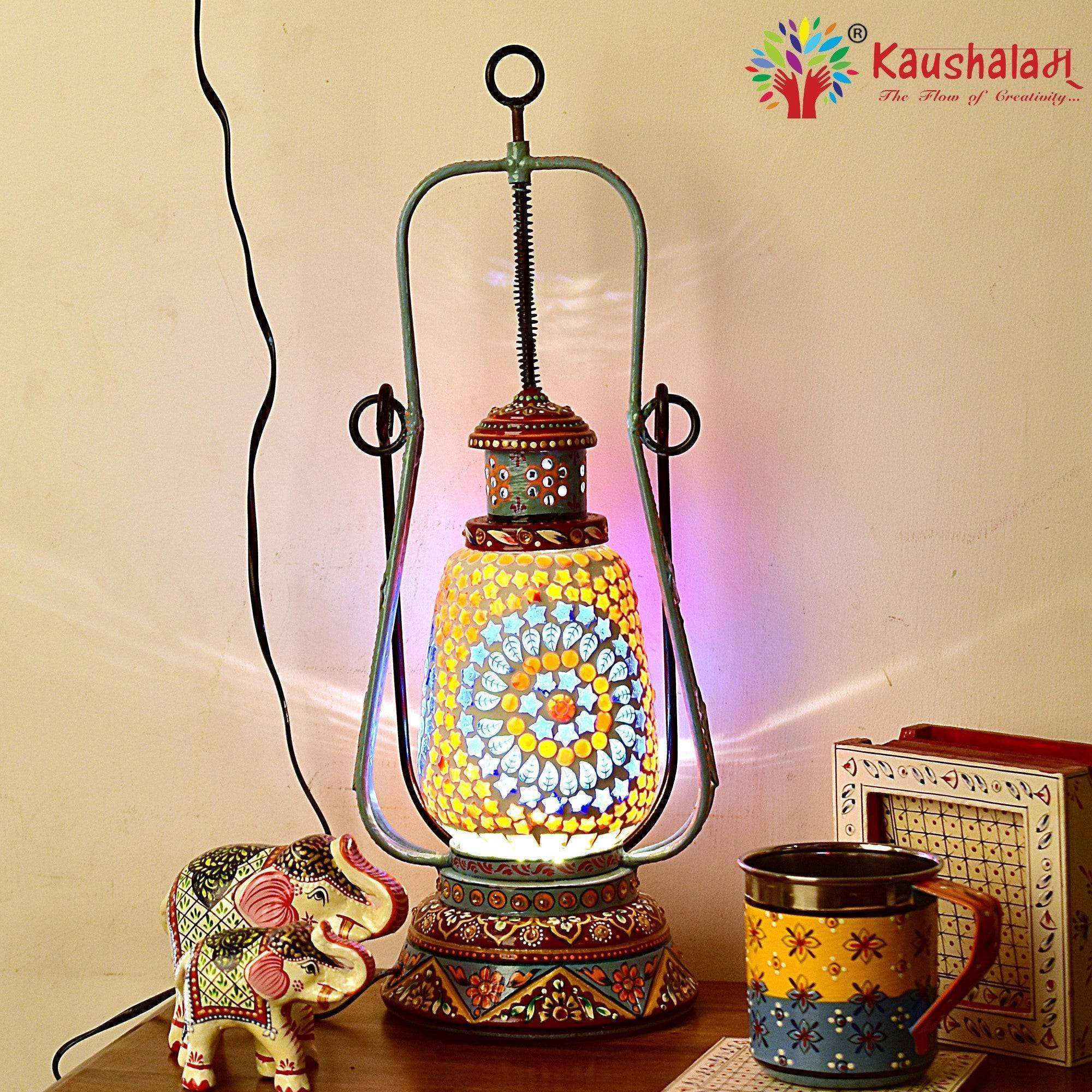Hand Painted Lantern with Bulb : Ethnic Mosaic Bed Side Lamp - Elegant Collection - India shopping