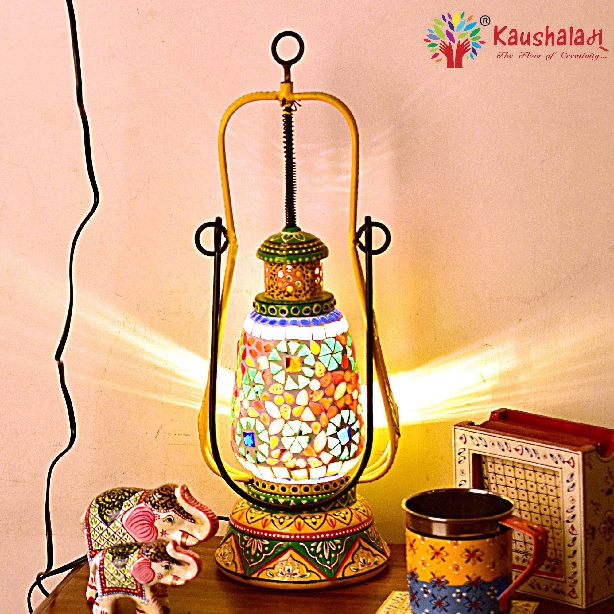 Hand Painted Lantern with Bulb : Ethnic Mosaic Bed Side Lamp - Elegant Collection - India shopping