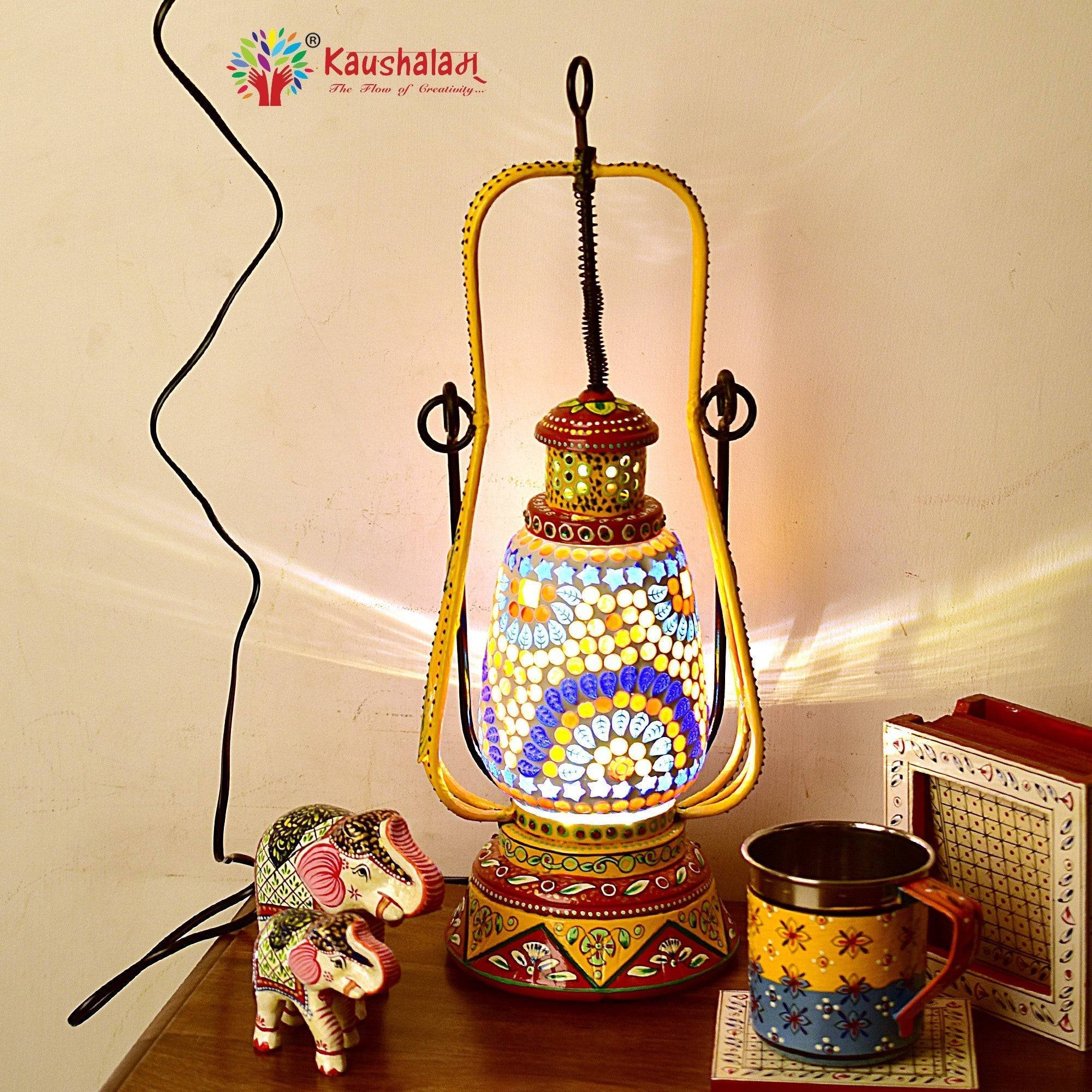 Hand Painted Lantern with Bulb : Ethnic Mosaic Bed Side Lamp - Elegant Collection - India shopping