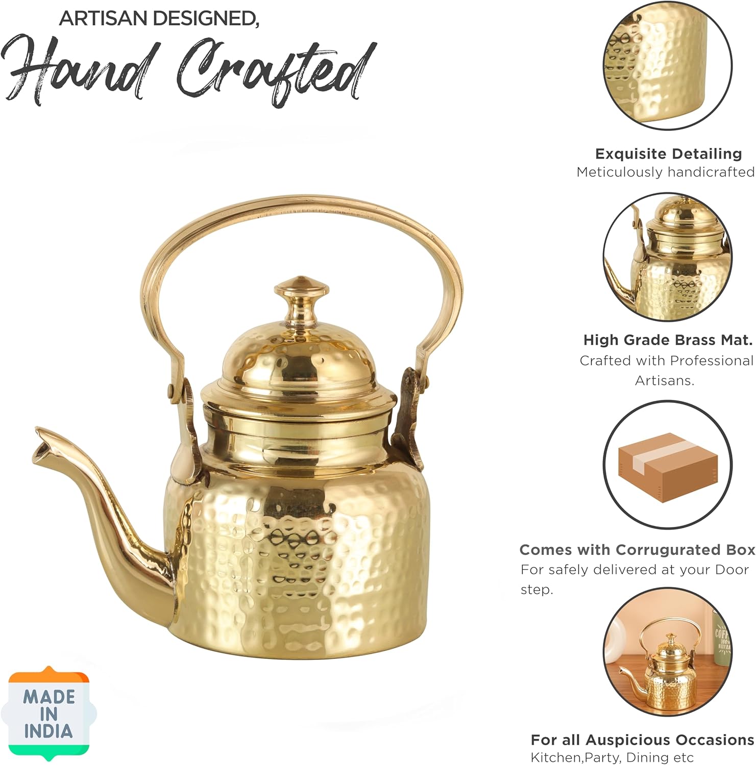 Brass Hammered Tea Kettle Pot – 500 ml Stylish Serving Kettle