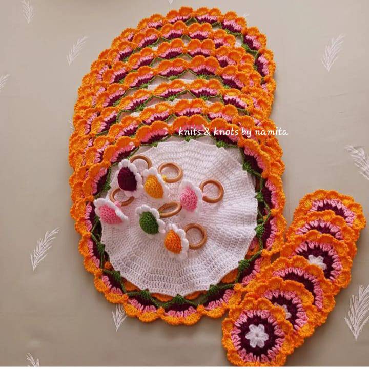 Knits and Knots Indore Orange Lilly Table Mats Set (Set of 6 Mats, 6 Coasters & 6 Napkin Holders) - India shopping
