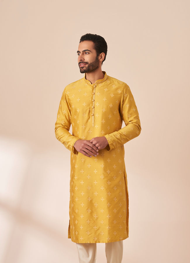 Manyawar Yolk Yellow Self Design Kurta Pajama - India shopping