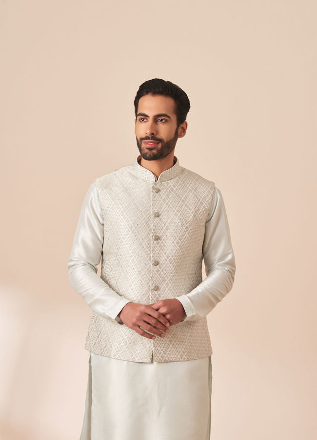 Manyawar Light Grey Patterned Kurta Jacket Set - India shopping