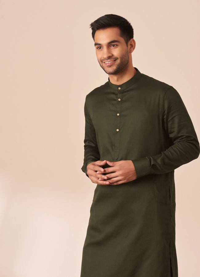 Manyawar Dark Green Plain Kurta Pajama - India shopping