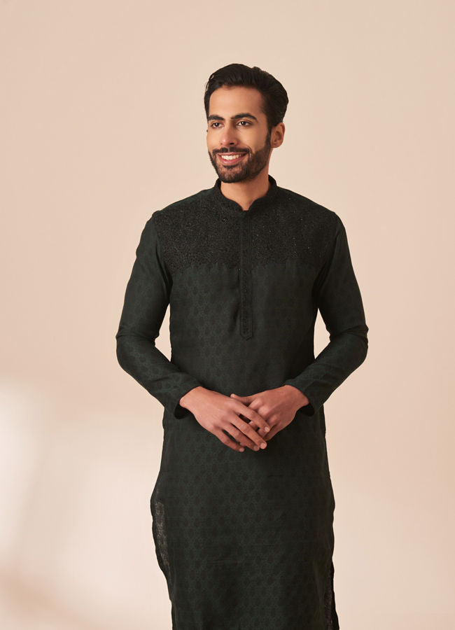 Manyawar Dark Green Jacquard Kurta Pajama - India shopping