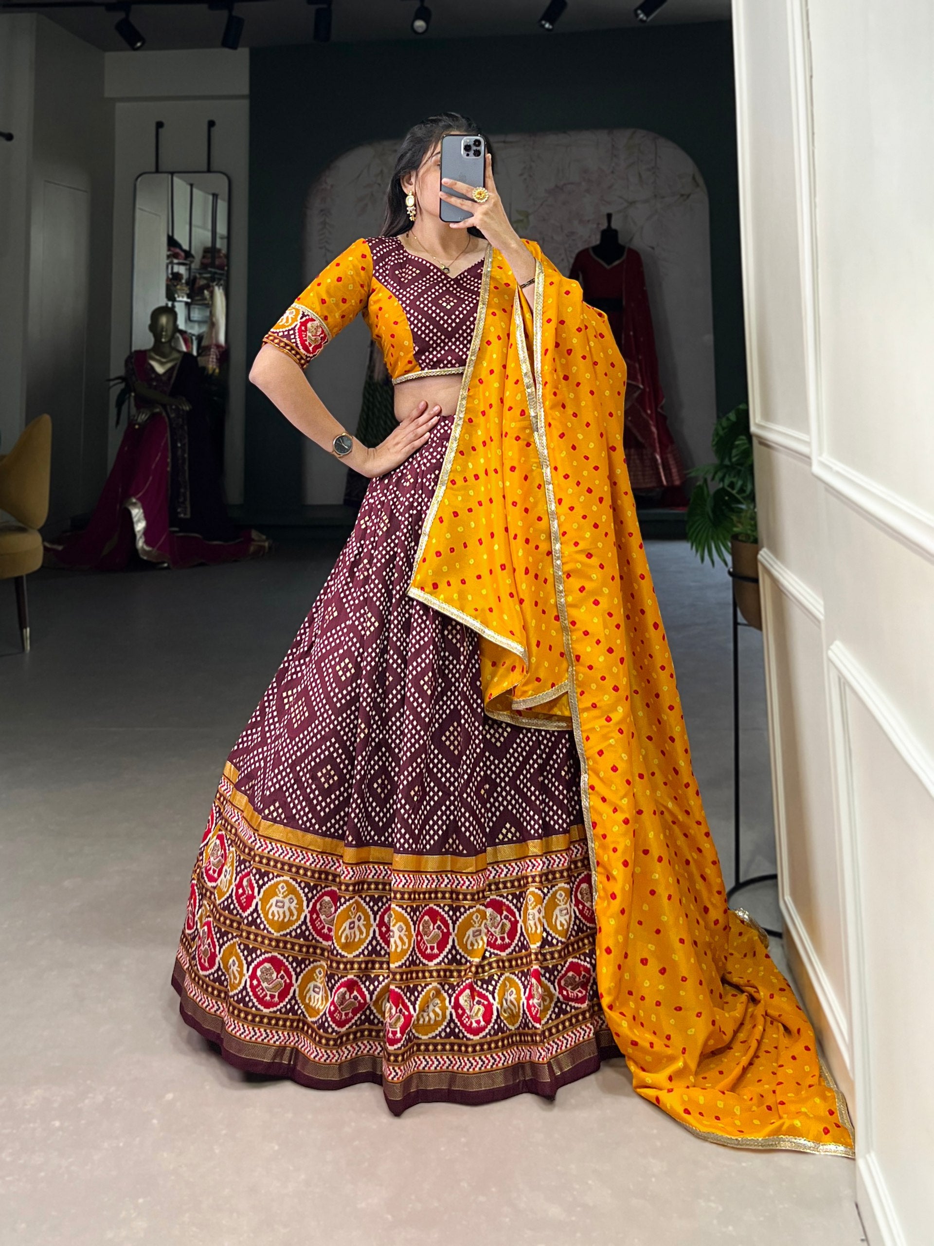 Tussar Silk Lehenga Work : Bandhej And Patola Print With Foil Work