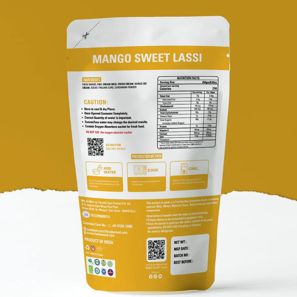 Fresh O Need Mango Sweet Lassi - Ready To Eat 250 gms