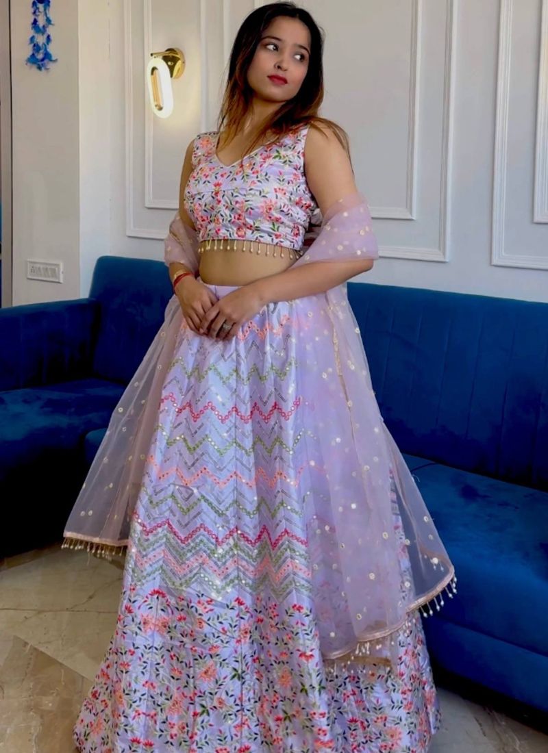 Lavender Satin Silk Lehenga Choli With Border Work | Ready To Wear