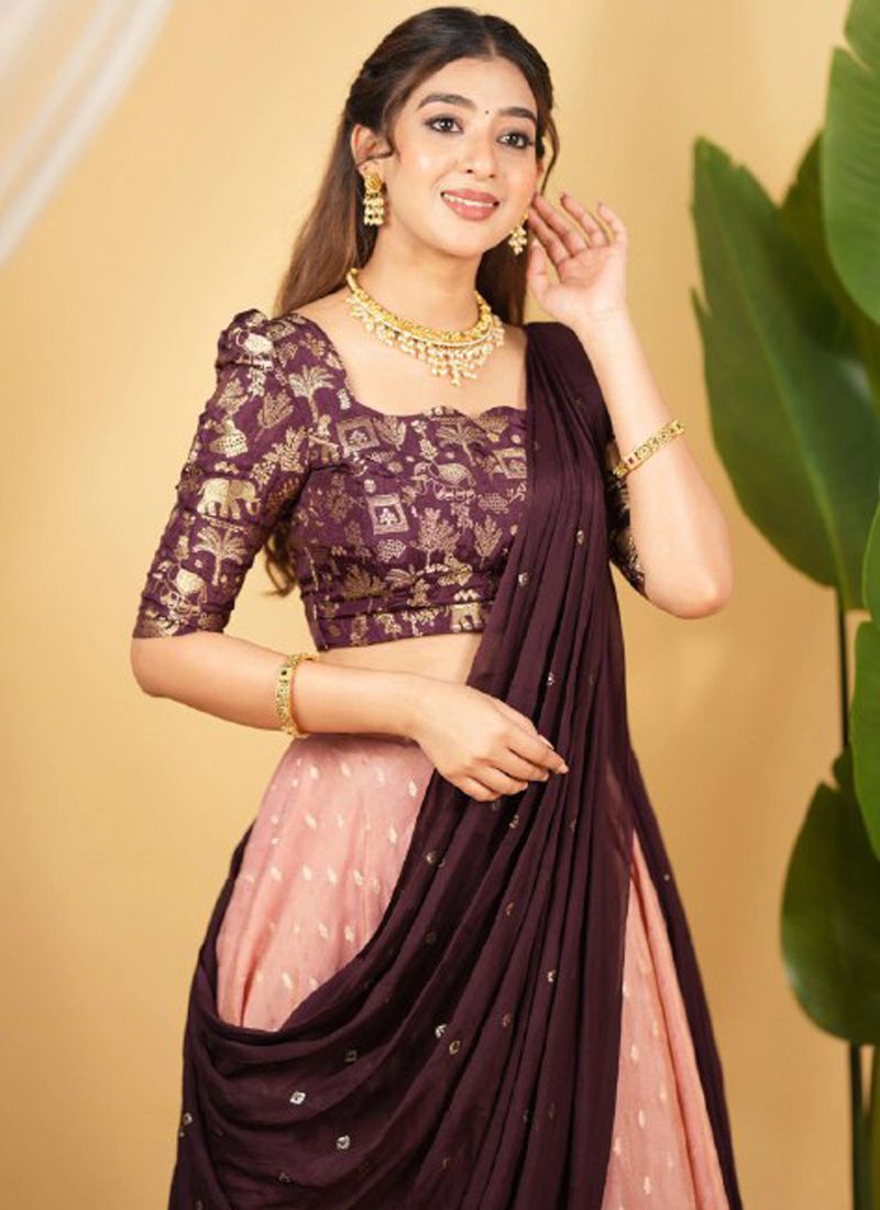 Maroon & Peach Banarasi Zari Silk Lehenga Choli | Ready To Wear