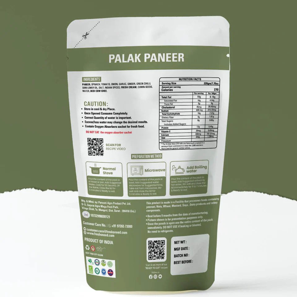 Fresh O Need Palak Paneer - Ready To Eat 220 gms