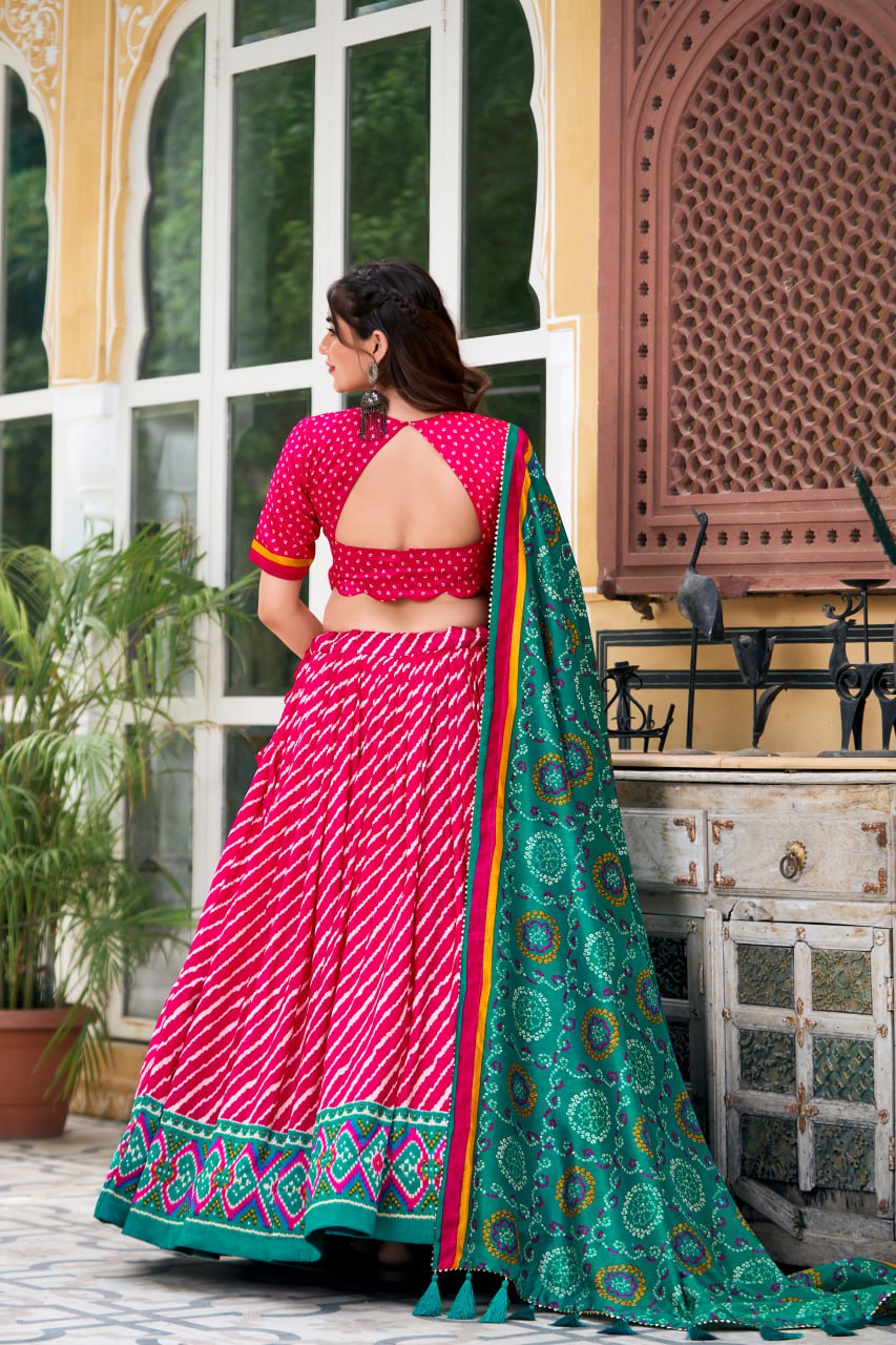 New Tussar Silk Lehenga Choli Leheriya With Patola Print Border | Ready To Wear