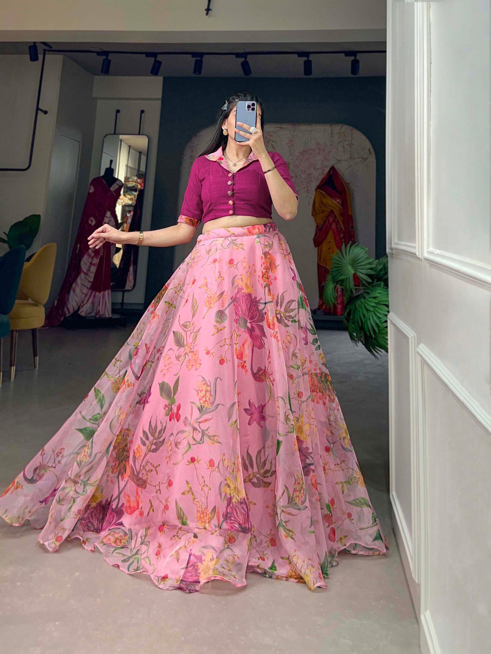Latest Organza Lehenga Choli With Floral Print Work | Ready To Wear