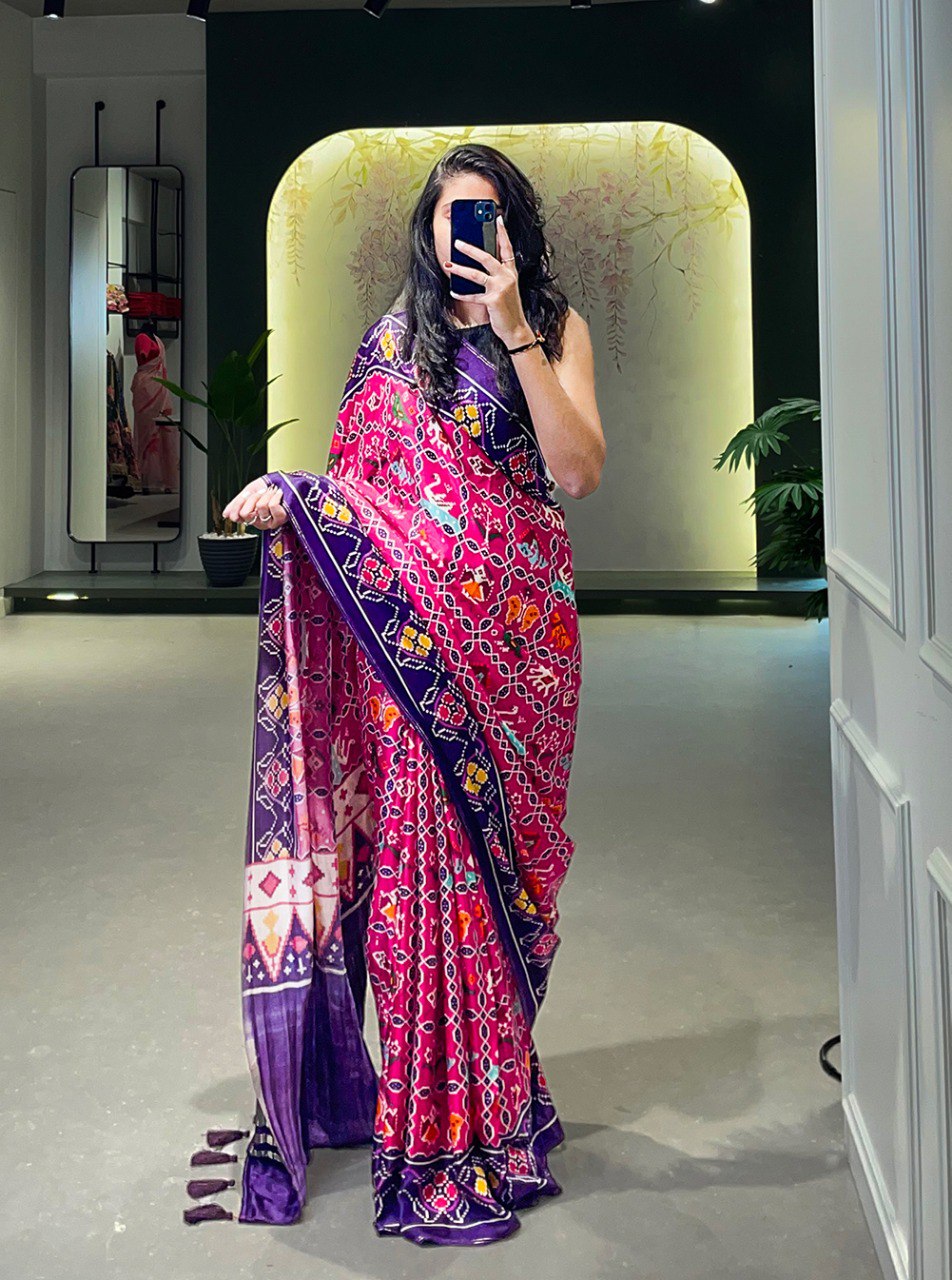 Latest Gaji Silk Saree Bandhej With Patola Print And Lagadi Patta | Ready To Wear