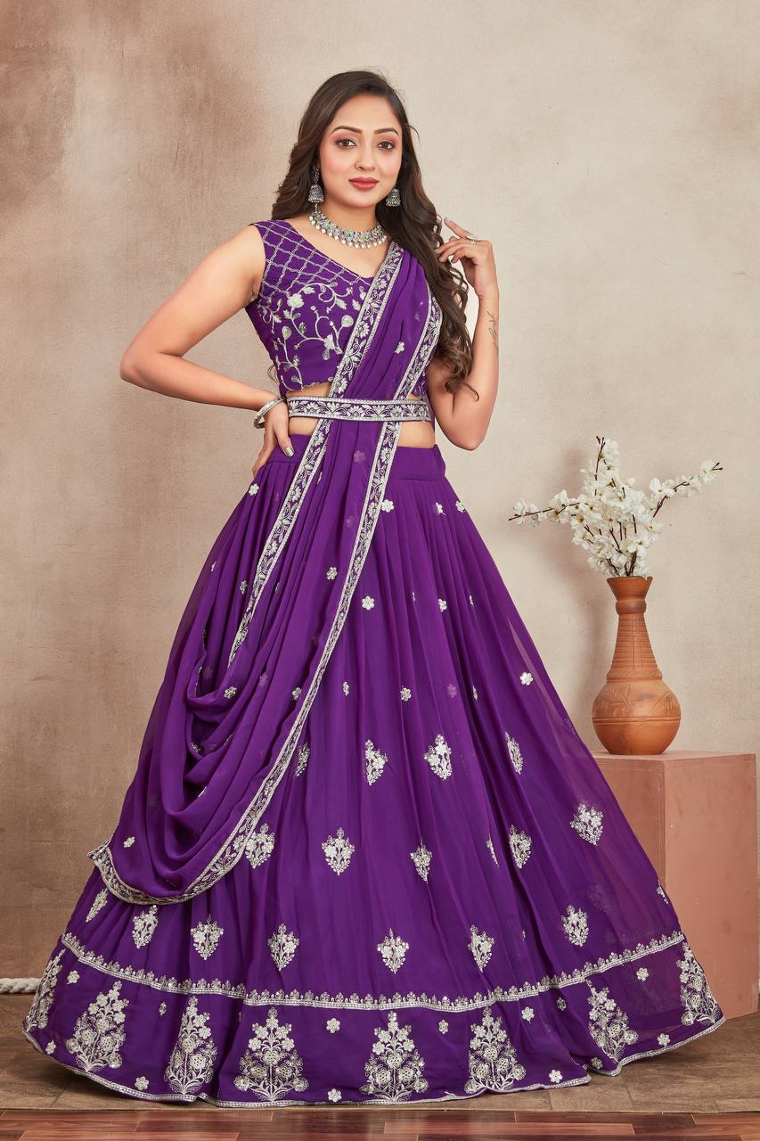 Latest Heavy Georgette Purple Lehenga Choli With Embroidery Zari Work