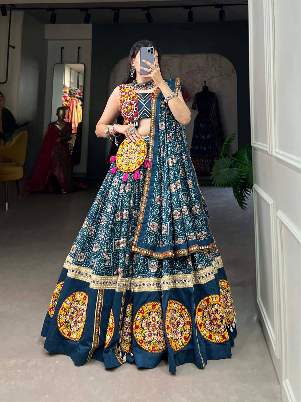 Rayon Blue Lehenga Choli With Printed, Foil Paper And Mirror Work | Ready To Wear