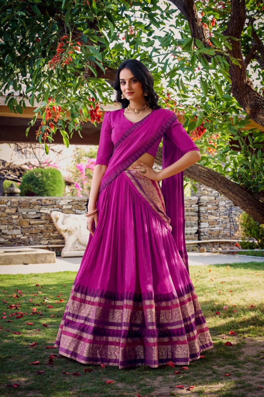 Pure Chanderi Lehenga Choli With Plain And Zari Weaving Work | Ready To Wear