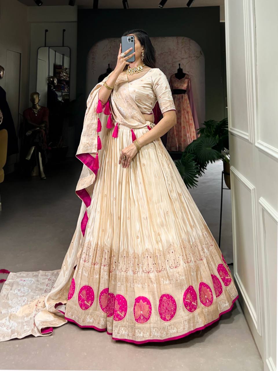 Pure Shimmer Lehenga Choli With Mirror Beads And Moti Hand Work | Ready To Wear