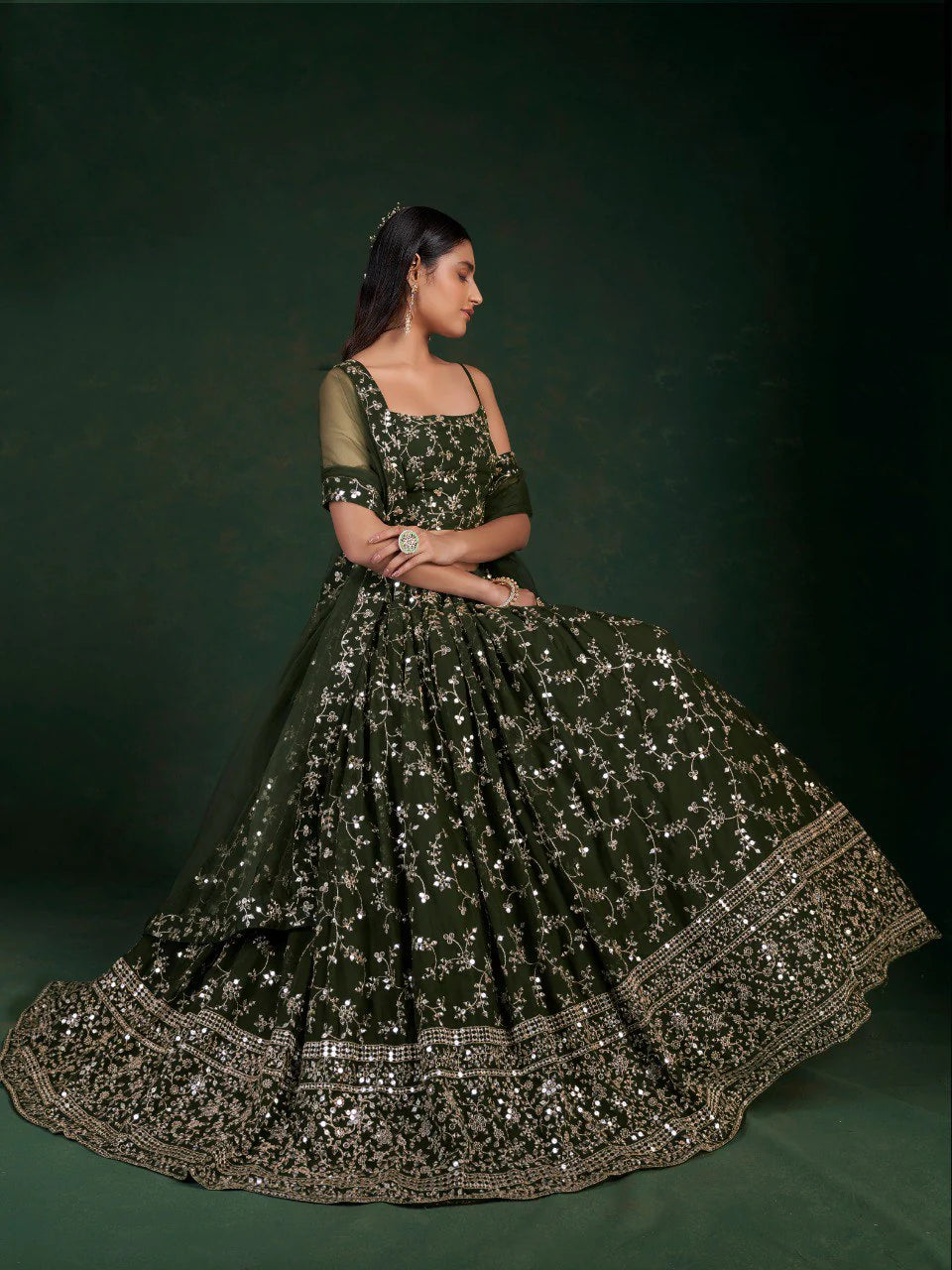 Green Lehenga Choli With Sequins Zari Work | Ready To Wear