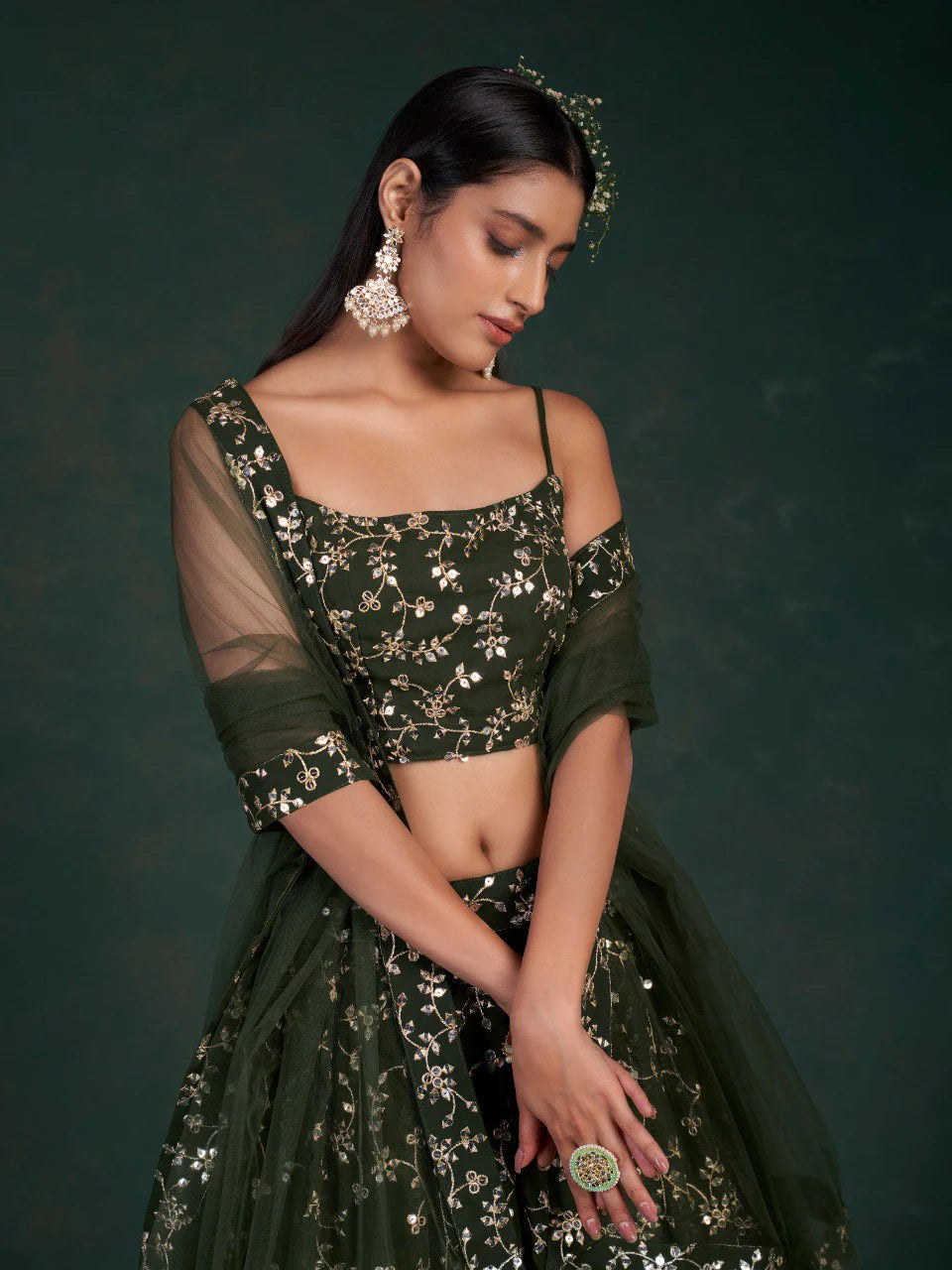 Green Lehenga Choli With Sequins Zari Work | Ready To Wear