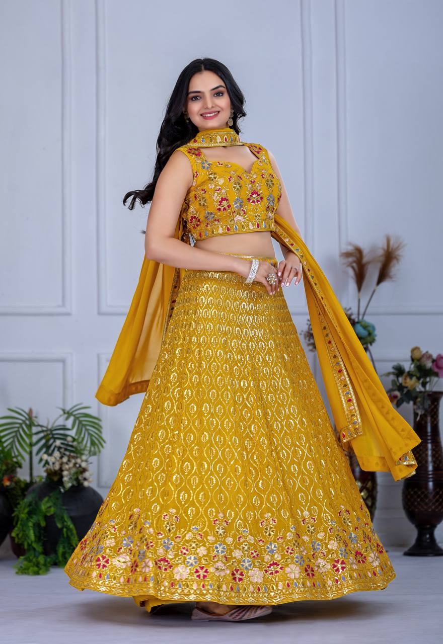 Yellow Lehenga Choli With Multi Thread Sequence Work | Ready To Wear