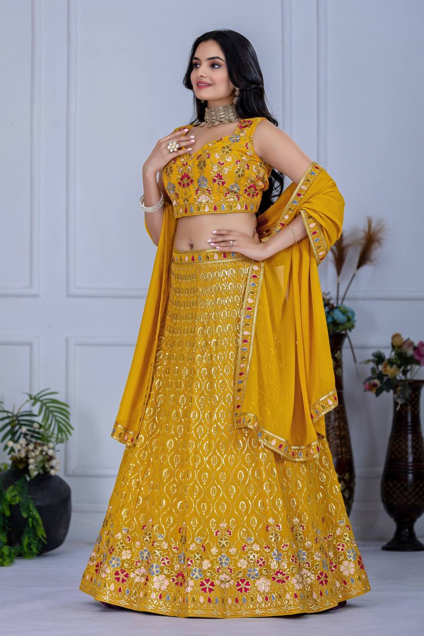 Yellow Lehenga Choli With Multi Thread Sequence Work | Ready To Wear