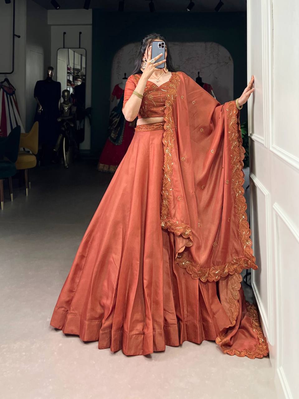 Tussar Silk Lehenga Choli With Sequins Thread Embroidery Work | Ready To Wear